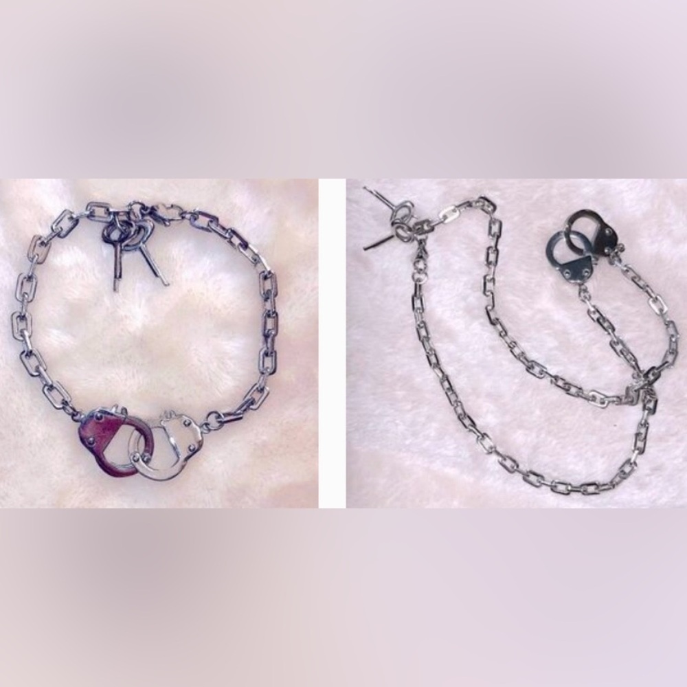 NWT STAINLESS STEEL LINK HAND CUFFS BRACELET NECKLACE BUNDLE Men’s OS or Unisex